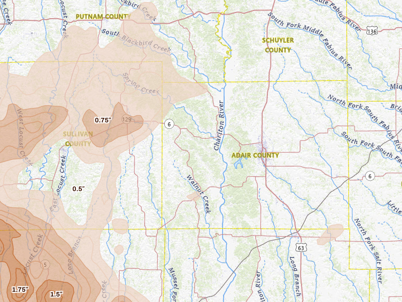 Radar-estimated hail-size map of the storm over Novinger, MO on May 16, 2026
