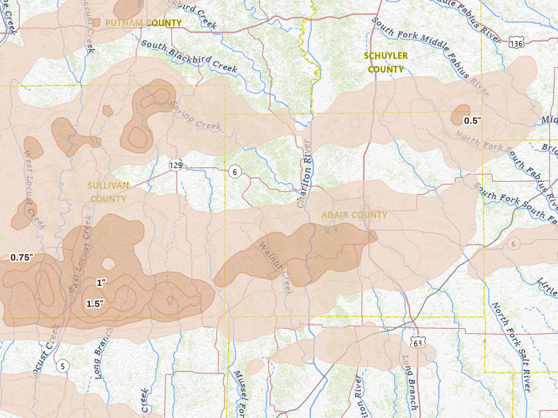 Radar-estimated hail-size map of the storm over Novinger, MO on Jun 10, 2026