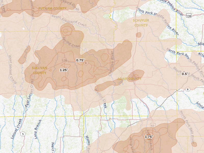 Radar-estimated hail-size map of the storm over Novinger, MO on Jun 11, 2026