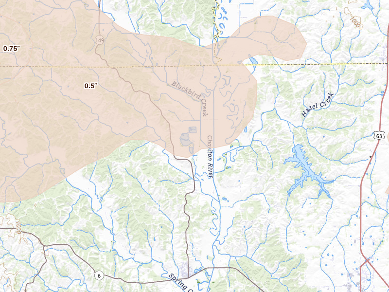Radar-estimated hail-size map of the storm over Novinger, MO on Aug 14, 2026