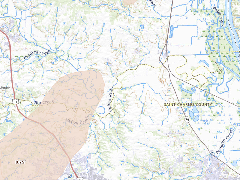 Radar-estimated hail-size map of the storm over O Fallon, MO on Apr 17, 2026