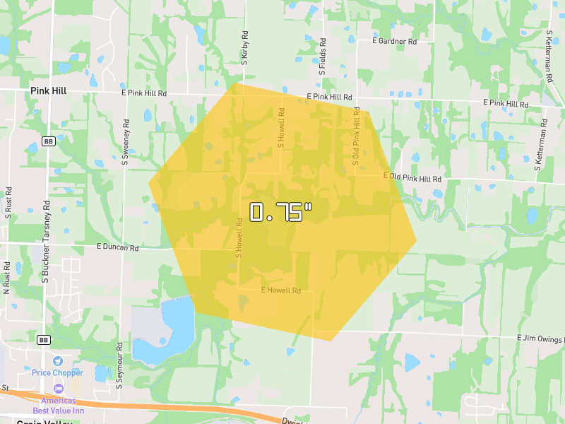 Hail map of Oak Grove, MO on Jun 1, 2026, hail up to 0.75"
