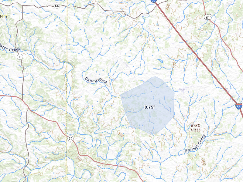 NEXRAD radar-signature map of the hail storm over Oak Ridge, MO on Mar 4, 2026