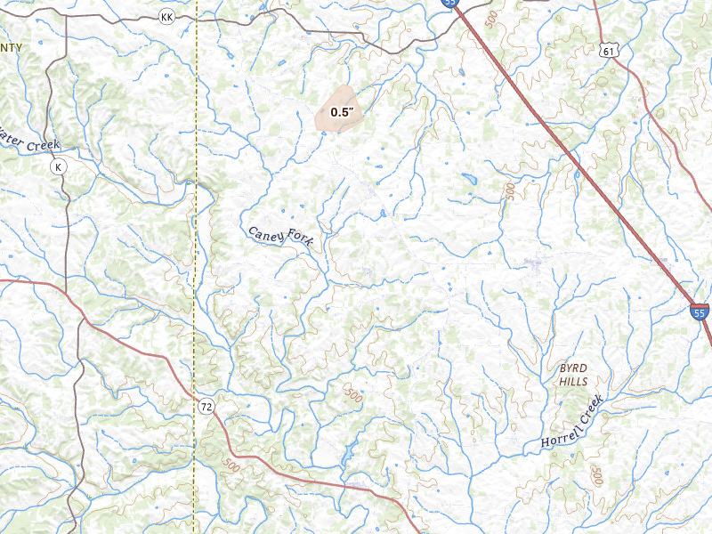 Radar-estimated hail-size map of the storm over Oak Ridge, MO on Jul 7, 2026