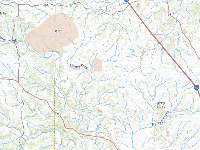 Radar-estimated hail-size map of the storm over Oak Ridge, MO on Jul 9, 2026