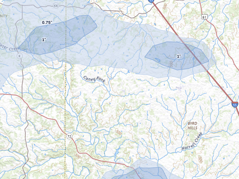 NEXRAD radar-signature map of the hail storm over Oak Ridge, MO on Jul 9, 2026