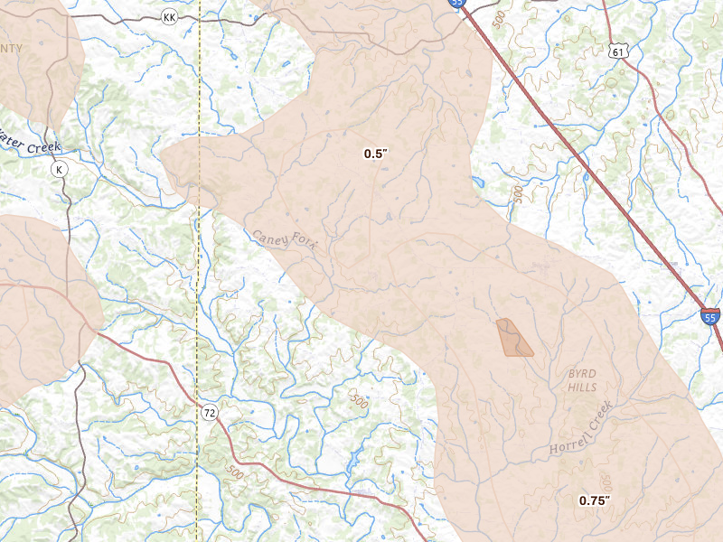 Radar-estimated hail-size map of the storm over Oak Ridge, MO on Aug 12, 2026