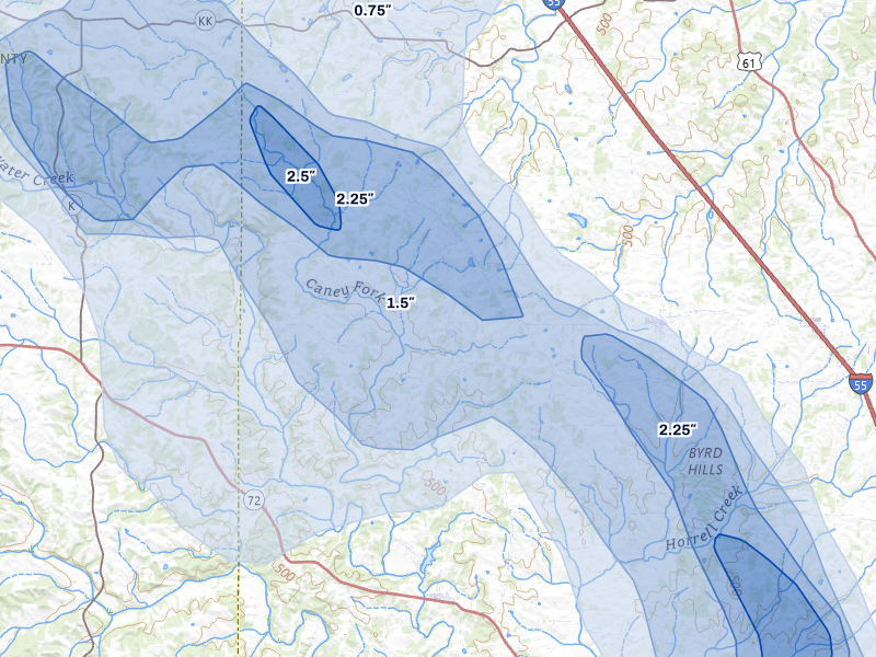 NEXRAD radar-signature map of the hail storm over Oak Ridge, MO on Aug 12, 2026