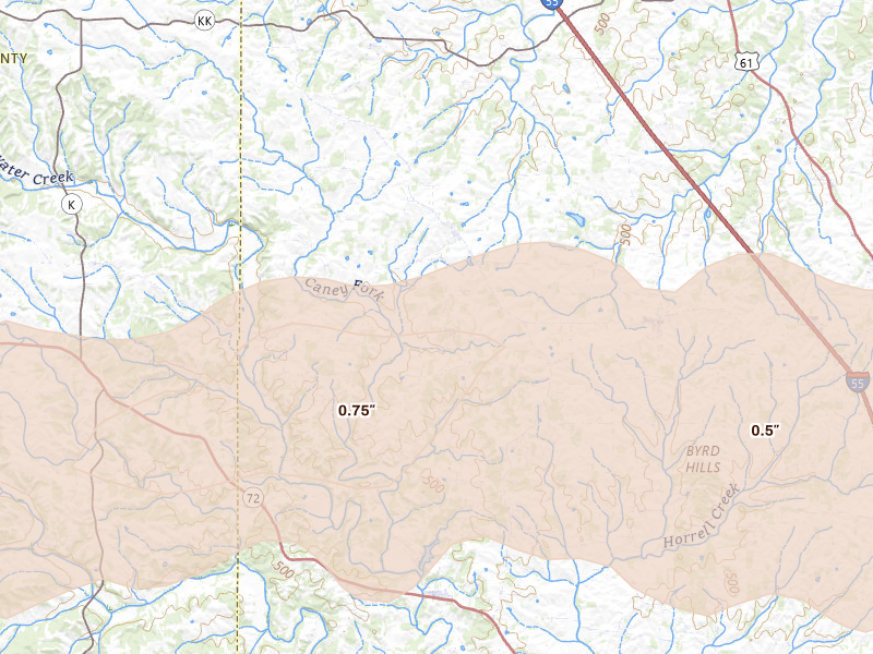 Radar-estimated hail-size map of the storm over Oak Ridge, MO on Aug 19, 2026
