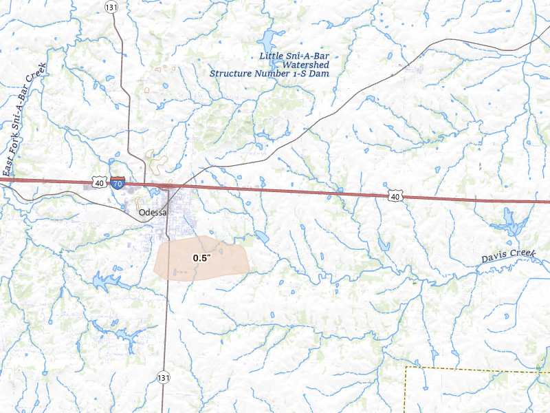 Radar-estimated hail-size map of the storm over Odessa, MO on Mar 31, 2026
