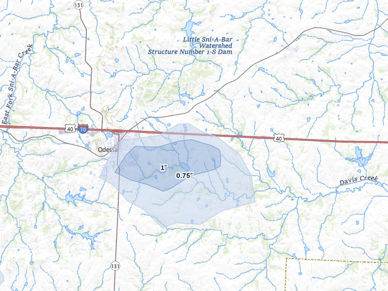 NEXRAD radar-signature map of the hail over Odessa, MO
