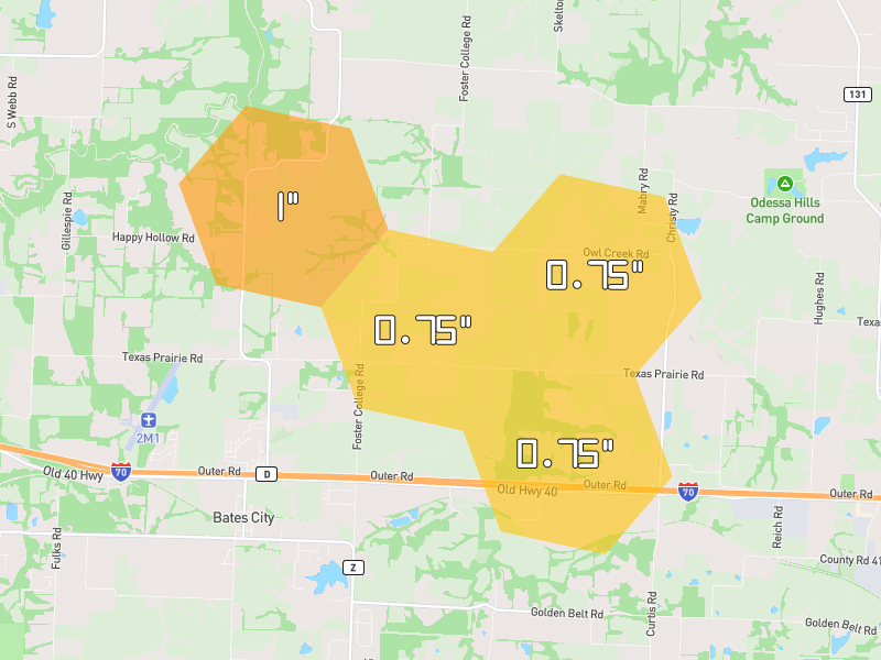 Hail map of Odessa, MO on Jun 1, 2026, hail up to 1"