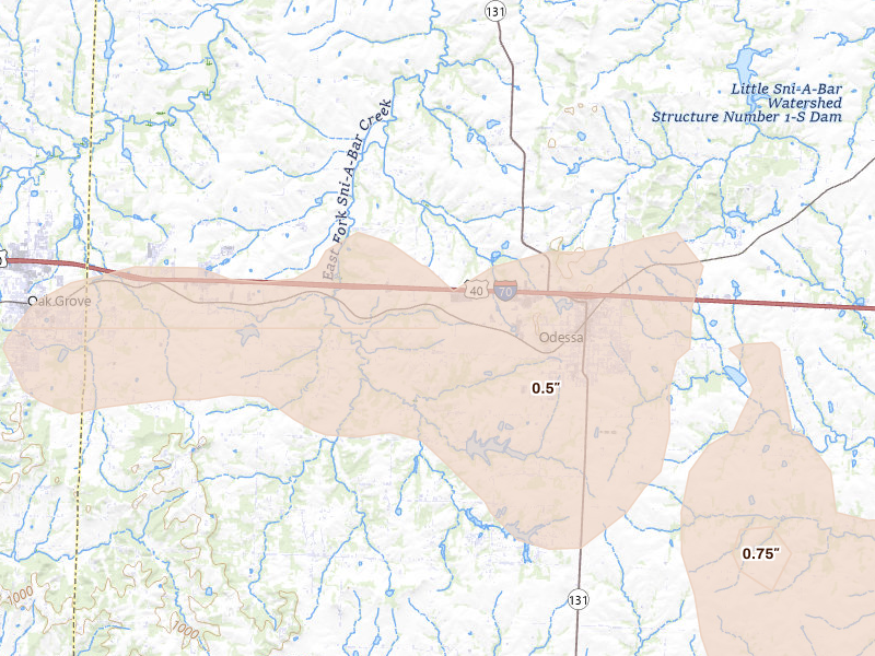 Radar-estimated hail-size map of the storm over Odessa, MO on Aug 5, 2026