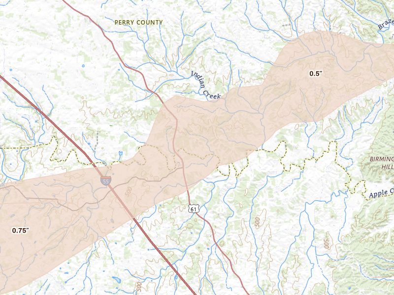 Radar-estimated hail-size map of the storm over Old Appleton, MO