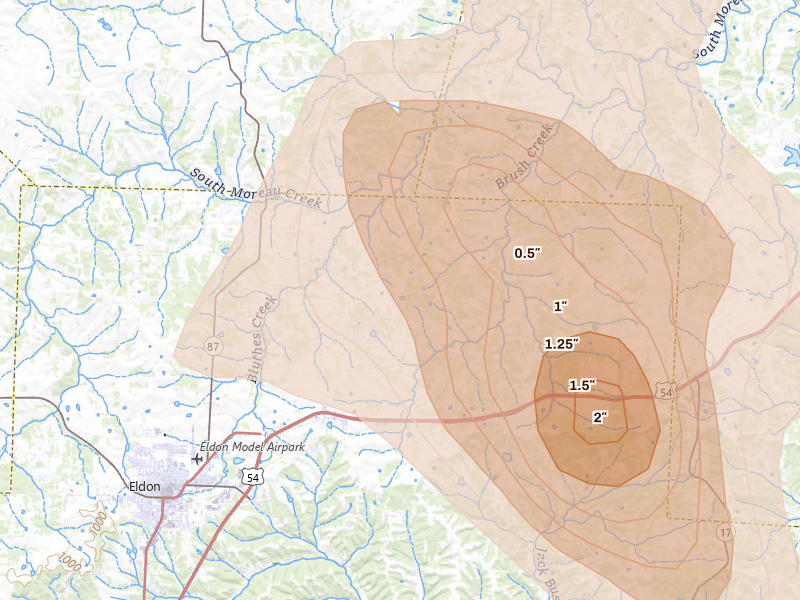 Radar-estimated hail-size map of the storm over Olean, MO on Apr 16, 2026