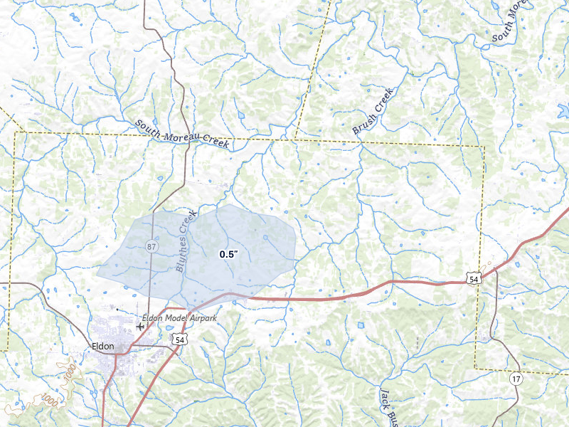 NEXRAD radar-signature map of the hail storm over Olean, MO on Apr 26, 2026