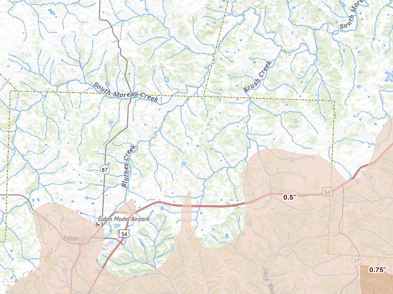Radar-estimated hail-size map of the storm over Olean, MO on Apr 27, 2026