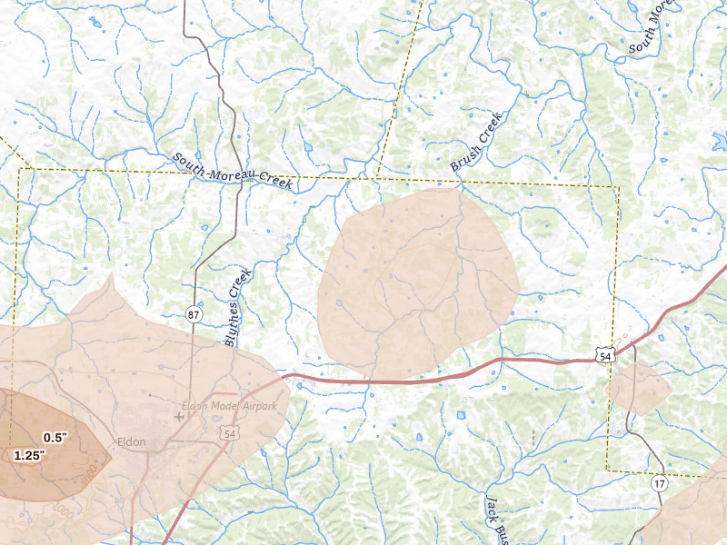 Radar-estimated hail-size map of the storm over Olean, MO on Jul 4, 2026