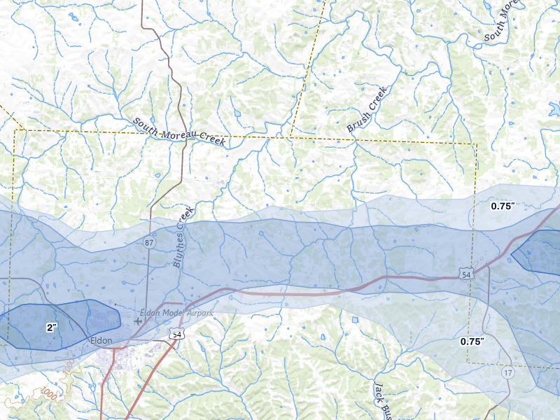 NEXRAD radar-signature map of the hail storm over Olean, MO on Jul 4, 2026