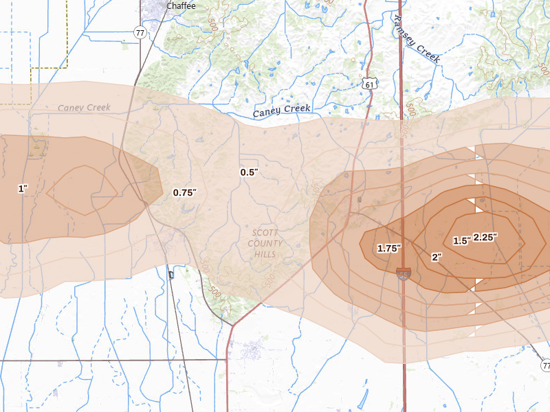Radar-estimated hail-size map of the storm over Oran, MO on Apr 16, 2026
