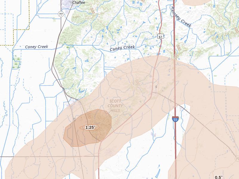 Radar-estimated hail-size map of the storm over Oran, MO on Apr 26, 2026