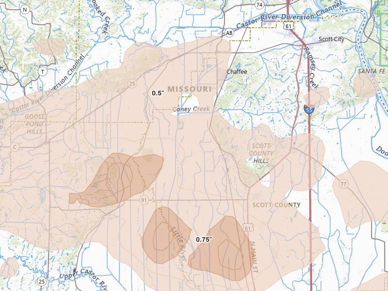 Radar-estimated hail-size map of the storm over Oran, MO on Aug 19, 2026