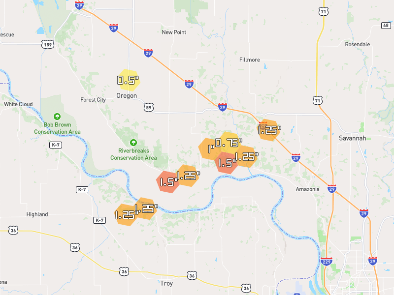 Hail map of Oregon, MO on Jun 4, 2026, hail up to 1.5"