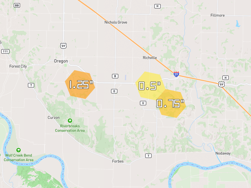 Hail map of Oregon, MO on Jun 5, 2026, hail up to 1.25"