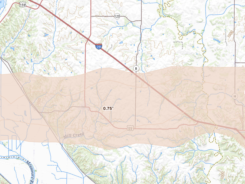Radar-estimated hail-size map of the storm over Oregon, MO on Jun 10, 2026