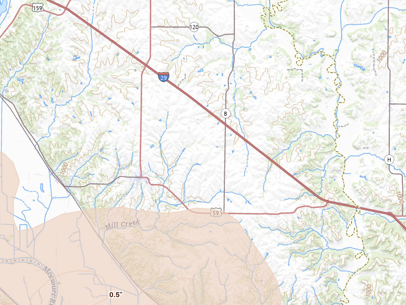 Radar-estimated hail-size map of the storm over Oregon, MO on Jul 3, 2026