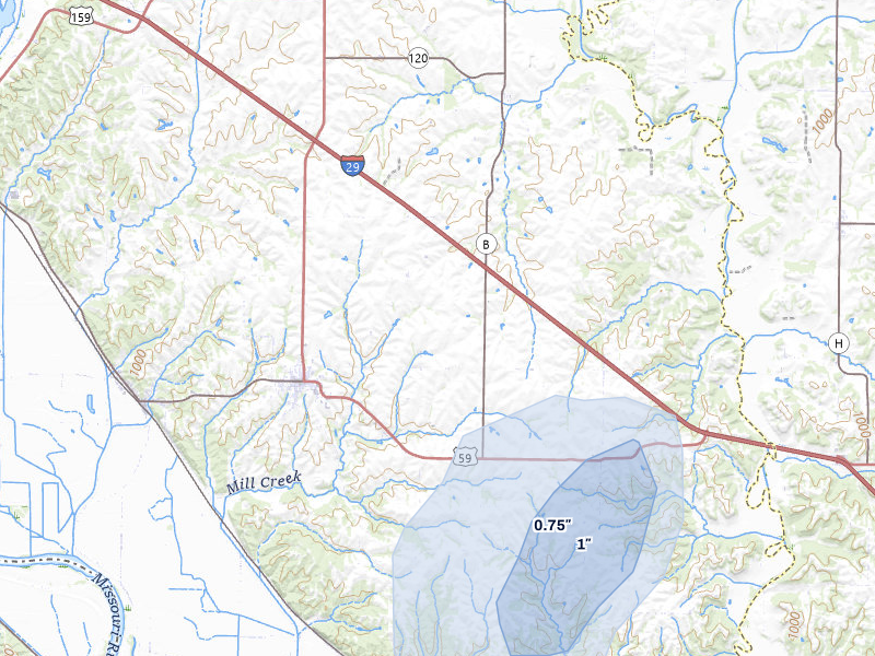 NEXRAD radar-signature map of the hail storm over Oregon, MO on Jul 29, 2026