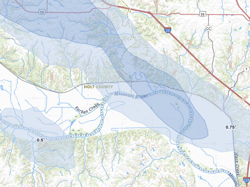 NEXRAD radar-signature map of the hail storm over Oregon, MO on Aug 9, 2026