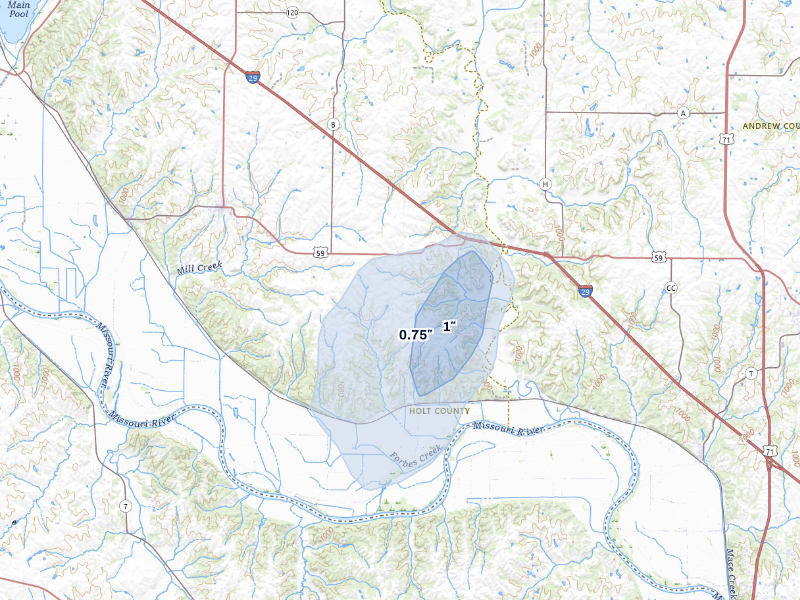 NEXRAD radar-signature map of the hail storm over Oregon, MO on Aug 14, 2026