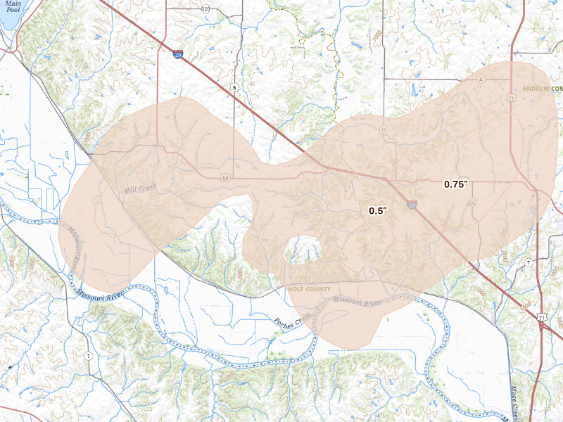 Radar-estimated hail-size map of the storm over Oregon, MO