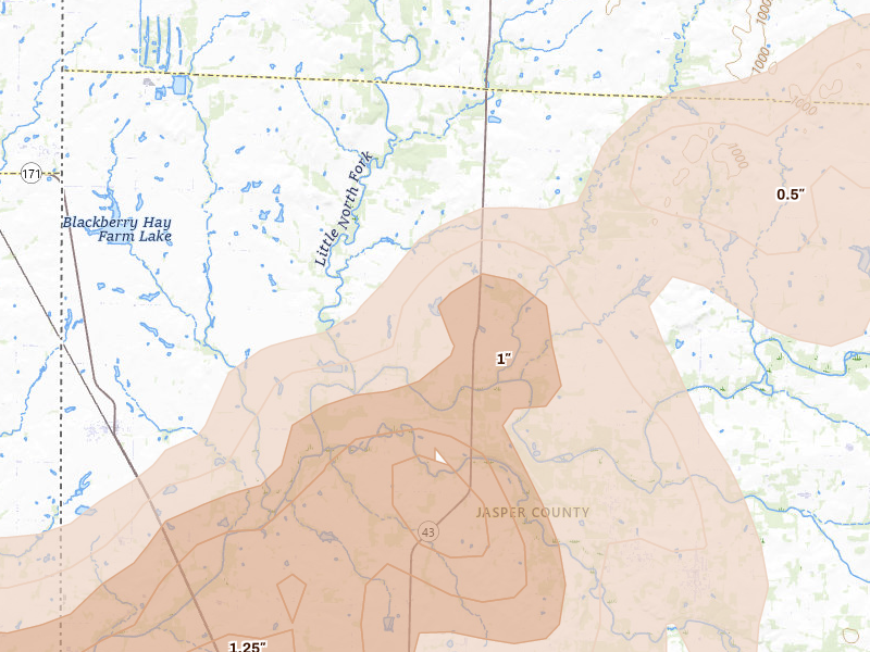 Radar-estimated hail-size map of the storm over Oronogo, MO on Apr 26, 2026