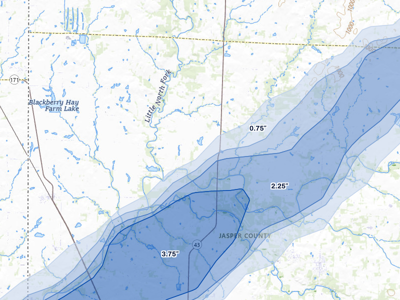 NEXRAD radar-signature map of the hail over Oronogo, MO