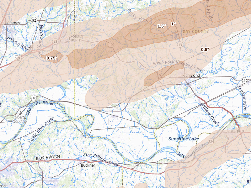 Radar-estimated hail-size map of the storm over Orrick, MO on Mar 10, 2026