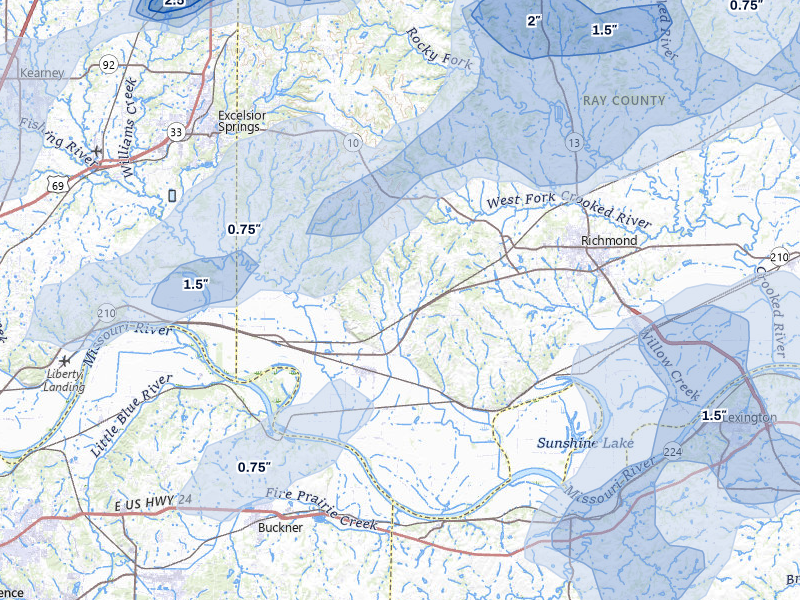 NEXRAD radar-signature map of the hail over Orrick, MO