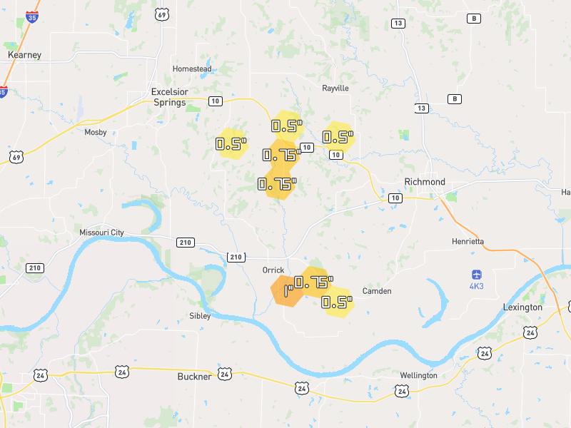 Hail map of Orrick, MO on Jun 1, 2026, hail up to 1"