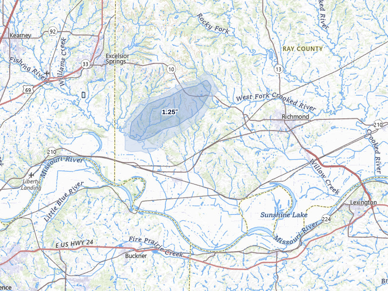 NEXRAD radar-signature map of the hail over Orrick, MO