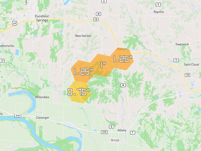 Hail map of Orrick, MO on Jun 5, 2026, hail up to 1.25"
