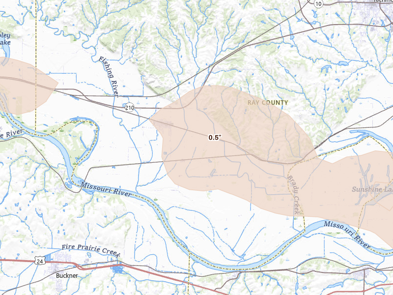 Radar-estimated hail-size map of the storm over Orrick, MO on Aug 18, 2026