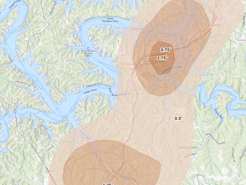 Radar-estimated hail-size map of the storm over Osage Beach, MO on Sep 16, 2026
