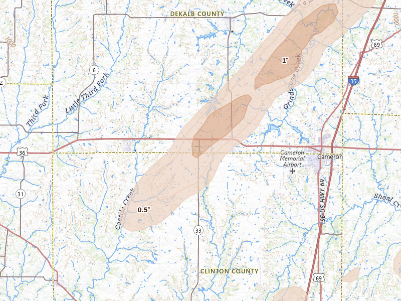 Radar-estimated hail-size map of the storm over Osborn, MO on Apr 15, 2026