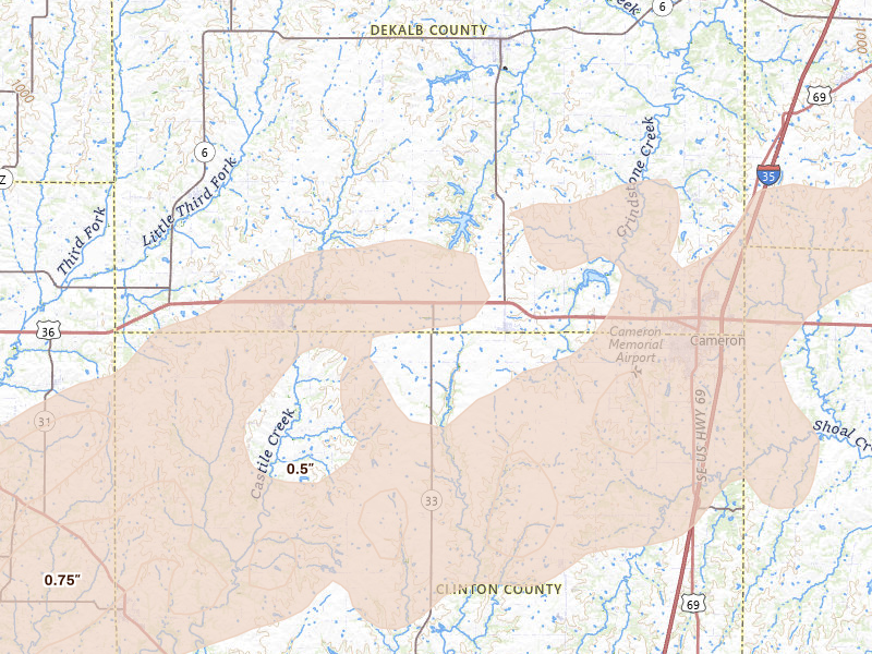 Radar-estimated hail-size map of the storm over Osborn, MO on Apr 17, 2026