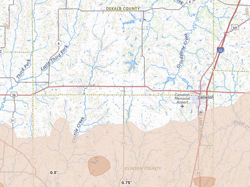 Radar-estimated hail-size map of the storm over Osborn, MO on Apr 26, 2026