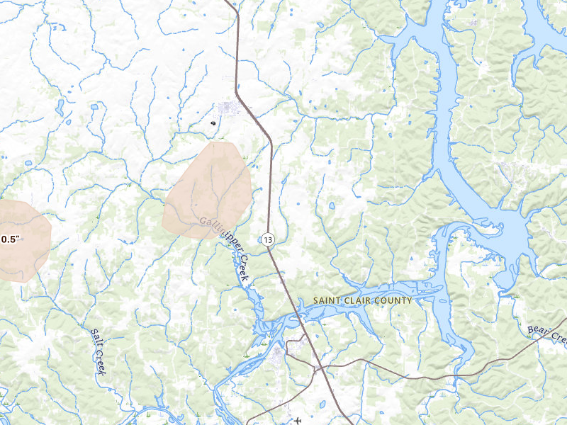 Radar-estimated hail-size map of the storm over Osceola, MO on Apr 17, 2026