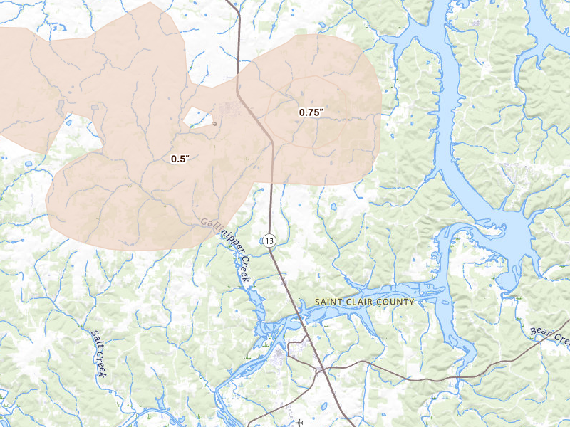 Radar-estimated hail-size map of the storm over Osceola, MO on Apr 26, 2026
