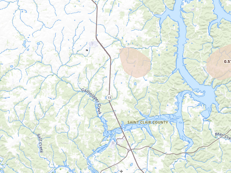 Radar-estimated hail-size map of the storm over Osceola, MO on Jun 8, 2026