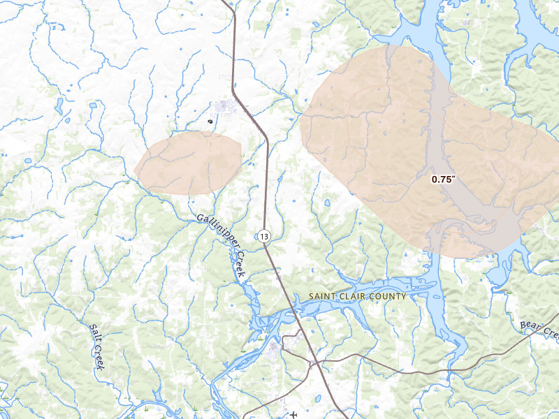 Radar-estimated hail-size map of the storm over Osceola, MO on Jul 4, 2026